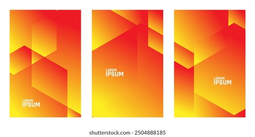 Three vertical panels with orange and yellow gradients and geometric shapes.
