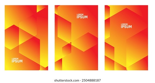 Three vertical panels with orange and yellow gradients and geometric shapes.