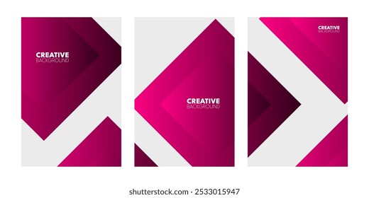 Three vertical panels with overlapping, geometric shapes in shades of pink and white.