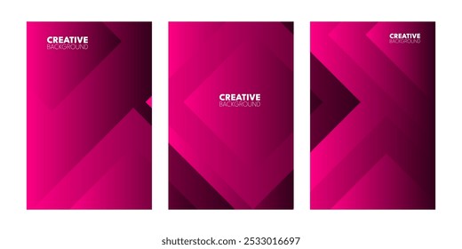 Three vertical panels of overlapping, geometric, deep magenta shapes.