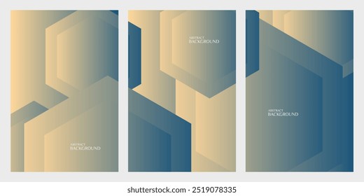 Tres paneles de Vertical con Formas hexagonales superpuestas en Gradientes azules y beige.