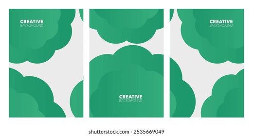 Three vertical panels with overlapping, soft-edged, teal-green shapes on a light gray background.