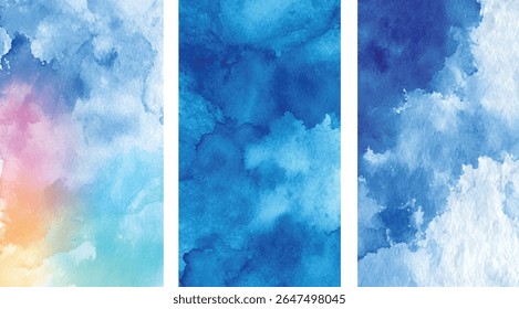 Three vertical panels showcasing watercolor textures in pastel rainbow and various blue shades creating a gradient effect.