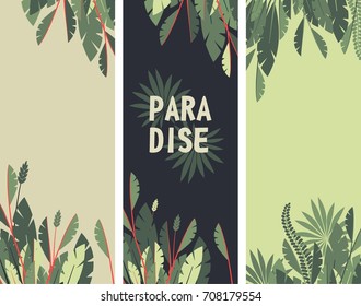 Three vertical posters with tropical leaves on a dark and light background in retro style in the center of a blank space