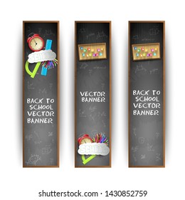 Three vertical school banner set with background in blackboard style and white headlines vector illustration
