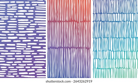 Three vertical seamless patterns with hand drawn white lines on a gradient background in purple red and teal color schemes. The lines vary slightly in width and spacing.