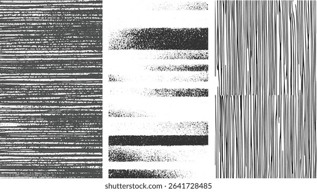 Three vertical sections of grayscale textured stripes varying in line style and density Horizontal lines show a granular texture Vertical lines are irregular in width and spacing