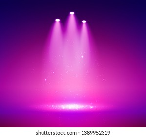 Three vertical Spotlight on stage for your design. Colorful light. Vector illustration.