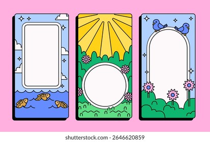 Three vertical story templates featuring fish in the sea, sunny fields with flowers, and birds on a floral arch in hand drawn style for use in social media stories, creative journalism