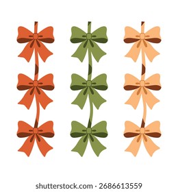 Three vertical strings of colorful autumn bows on a white background