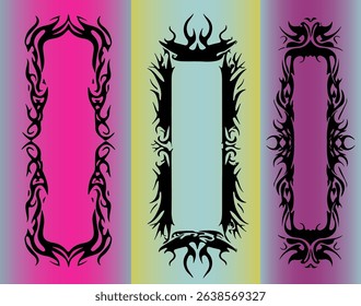 Three vertical tribal-style vector frames in black with intricate patterns, set on colorful gradient backgrounds. The design uses the popular tattoo-inspired, ornamental graphic style.