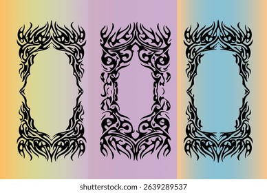Three vertical tribal-style vector frames in black with intricate patterns, set on colorful gradient backgrounds. The design uses the popular tattoo-inspired, ornamental graphic style.
