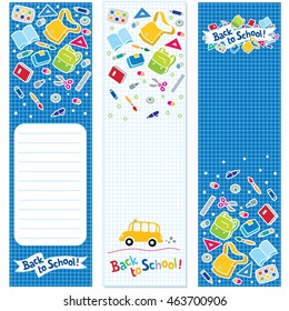 Three vertical vector banners or bookmarks with logo or lettering Back to School and education supplies illustration on a checkered background, like in the school notebook. With place for text.