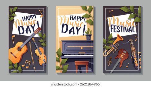 Tres afiches de Vector de Vertical con instrumentos musicales y texto de Feliz Día de la Música o Festival de Música. Perfecto para historias y uso promocional.

