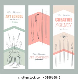 Three vertical vintage banners with art supplies in pale colors. Banner set with linear graphic elements and colored arrows.