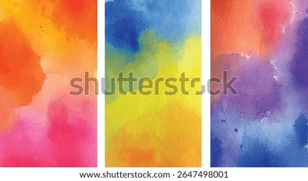 Three vertical watercolor panels featuring blended orangepink red yellow green blue and purple hues creating a textured abstract effect