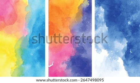 Three vertical watercolor panels featuring blends of yellow blue pink orange and purple hues creating a soft textured effect.