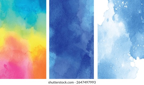 Drei vertikale Aquarelltexturen mit einem Regenbogen-Farbverlauf, einem dunklen Blau und einem hellblauen mit weißen Flecken