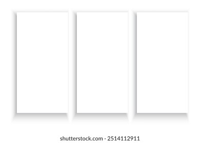 Three vertical white frames with soft shadows. Simple minimalist design. Clean geometric layout.