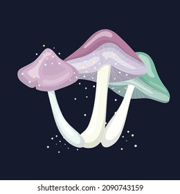 Three very cute magic mushrooms growing together on a dark background with fabulous glowing lights. Pastel shades of pink, lilac, light green. Hand drawn vector illustration