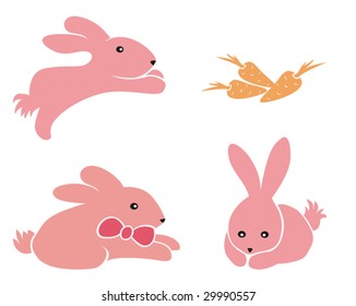 Three very cute, pink bunnies and carrots.