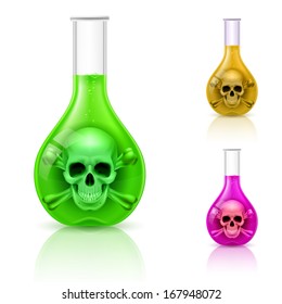 Three vials with poison on white. Color variations.