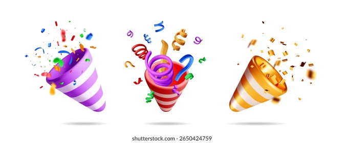 Três vibrantes poppers festa 3D com confete explodindo e galhardetes perfeitos para celebrações e ocasiões festivas, ilustração vetorial.