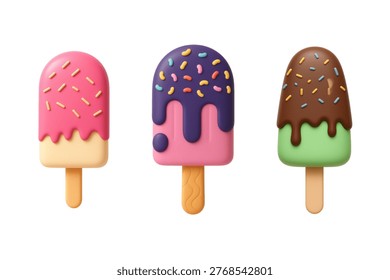 Three vibrant 3D rendered popsicles with dripping glaze and sprinkles isolated on white
