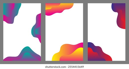 Three vibrant abstract backgrounds with colorful gradient waves and copy space.