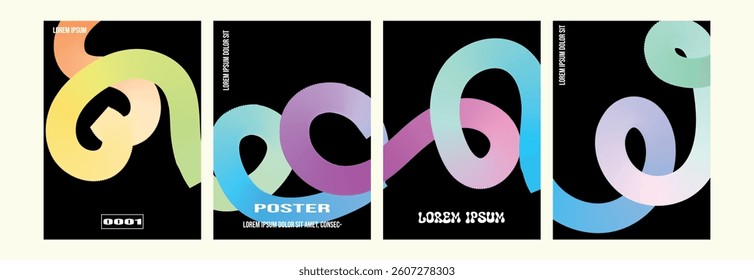Three vibrant, abstract poster designs featuring flowing, gradient-filled shapes in a variety of pastel colors against a light beige background.