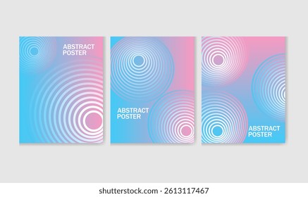 Three vibrant abstract posters display concentric circles in blue and pink hues, showcasing modern design aesthetics suitable for various artistic applications.