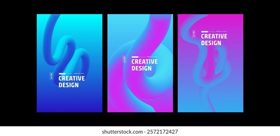 Three vibrant, abstract vector designs featuring fluid gradients in blue, purple, and teal. Creative Design text is overlaid. Modern and stylish.