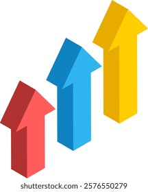 Three vibrant arrows pointing upward symbolize growth and success in business and finance, illustrating a positive trend and financial development against a clean white background
