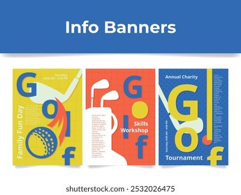 Três banners vibrantes anunciam os próximos eventos de golfe, destacando um dia de diversão em família, oficina de habilidades e torneio de caridade em um parque local no sábado.
