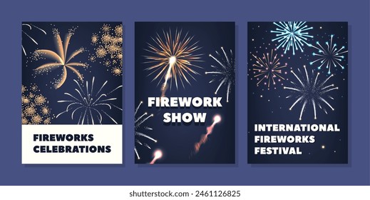 Three Vibrant Banners Featuring Spectacular Fireworks Displays, With Text Fireworks Celebrations, Show