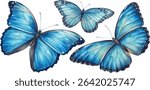 Three vibrant blue morpho butterflies in a watercolor style, isolated on a white background. Perfect for nature, spring, or tropical themes.