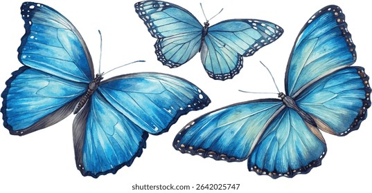 Three vibrant blue morpho butterflies in a watercolor style, isolated on a white background. Perfect for nature, spring, or tropical themes.