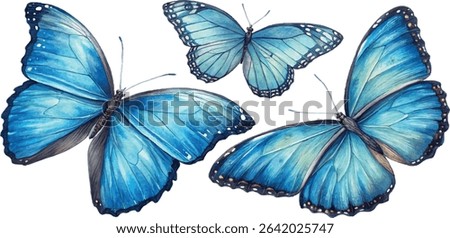 Three vibrant blue morpho butterflies in a watercolor style, isolated on a white background. Perfect for nature, spring, or tropical themes.