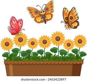 Three vibrant butterflies fluttering over sunflowers