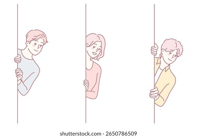 Three vibrant characters curiously peek from behind a colorful wall, showcasing their playful nature