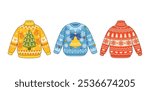Three Vibrant Christmas Sweaters Featuring Festive Designs Including Holiday Symbols And Patterns Isolated on White