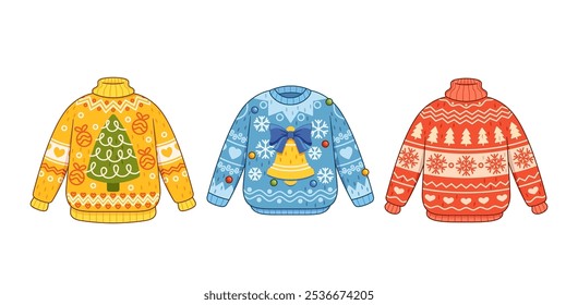 Three Vibrant Christmas Sweaters Featuring Festive Designs Including Holiday Symbols And Patterns Isolated on White