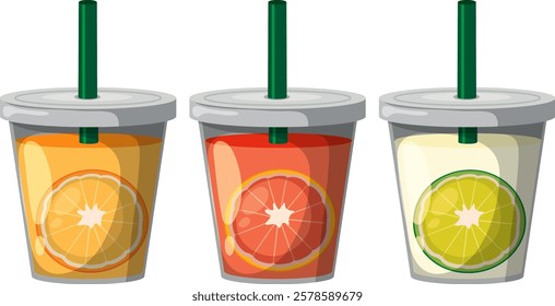 Three vibrant citrus drinks with green straws