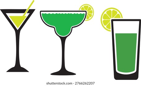 Three vibrant cocktails in different glasses, martini, margarita, and highball, with citrus garnishes, isolated on white.