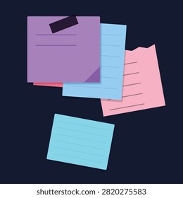 Three vibrant colored paper notes overlapping with a pen resting on the top purple sheet in a casual arrangement.