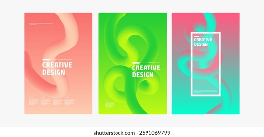 Three vibrant, colorful posters feature abstract fluid gradient designs with Creative Design text. Modern, vector templates ideal for branding.