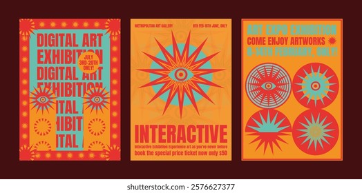 Three vibrant digital art exhibition posters with bold colors and eye-catching designs. Interactive elements and psychedelic retro designs. Psychedelic retro poster template vectors.