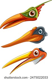 Three vibrant dinosaur heads in vector style