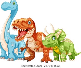 Three vibrant dinosaurs standing together