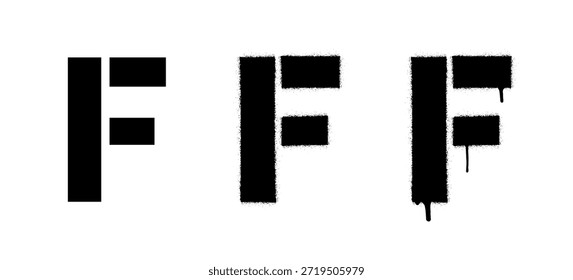 Three vibrant F designs, transitioning from a clean drawing to graffiti using spray paint and drips, are depicted on a white background, symbolizing the evolution of street art. The letter is stenciled.